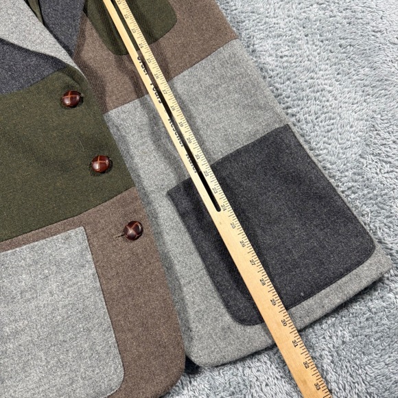 Vintage 90s Wool Patchwork Colorblock Blazer Jacket Women Size 4 Leather Buttons - Picture 7 of 10